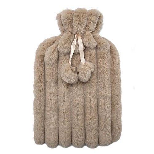 Bouillotte Fourrure Pompon Rayé Camel