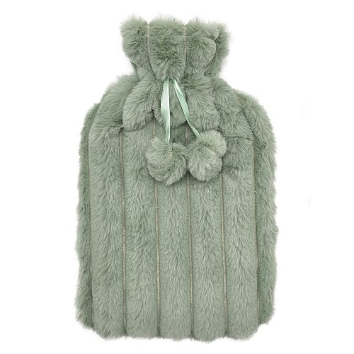 Bouillotte Fourrure Pompon Rayé Vert d'Eau