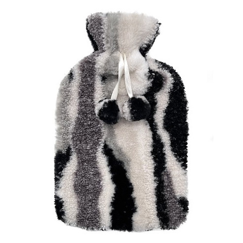 Bouillotte Fourrure Pompon Zébré Noir et Blanc